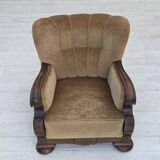 1960s, Danish armchair, original green furniture velour, carved oak wood.