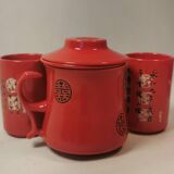 Teapot DUO red ceramic Asian black pattern with 2 cups