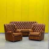 Vintage Chesterfield Brown Leather High Back sofa and Armchairs, Set of 3