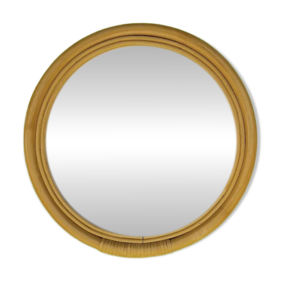 Miroir rond vintage bambou rotin années 70 bohème mural