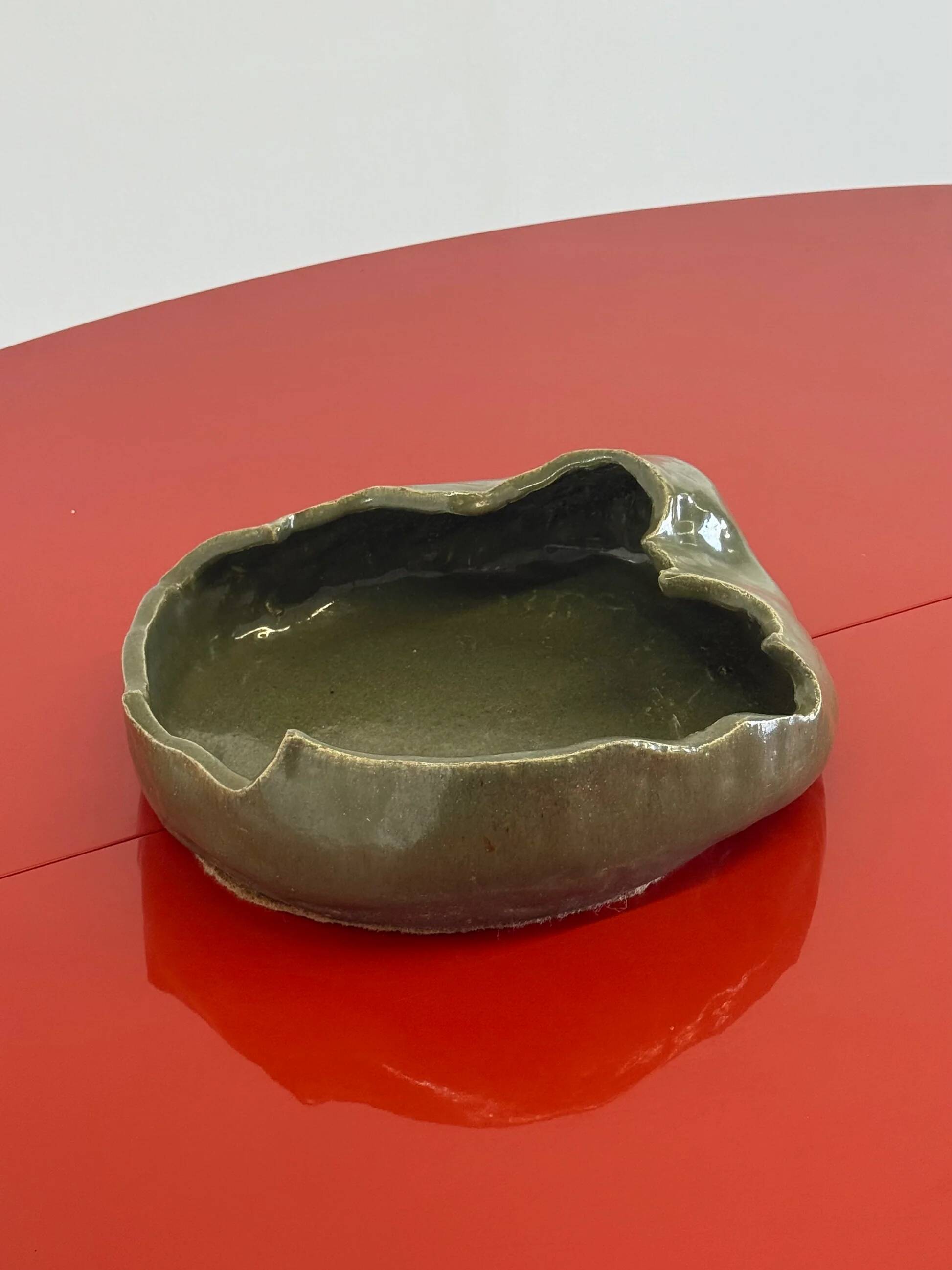 Vintage ceramic asymmetrical bowl in olive green