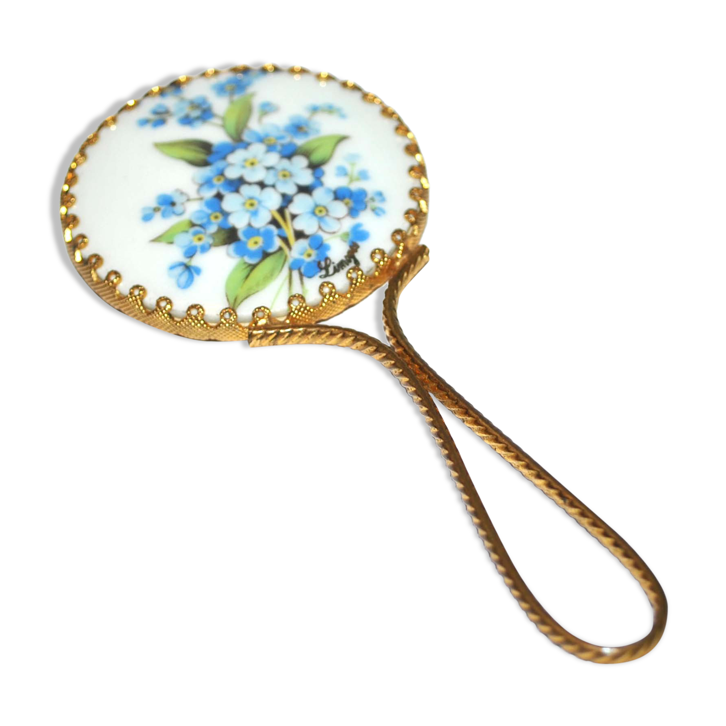 Vintage Gilded Handmirror and Limoges Porcelain - Pocket Mirror / Handbag