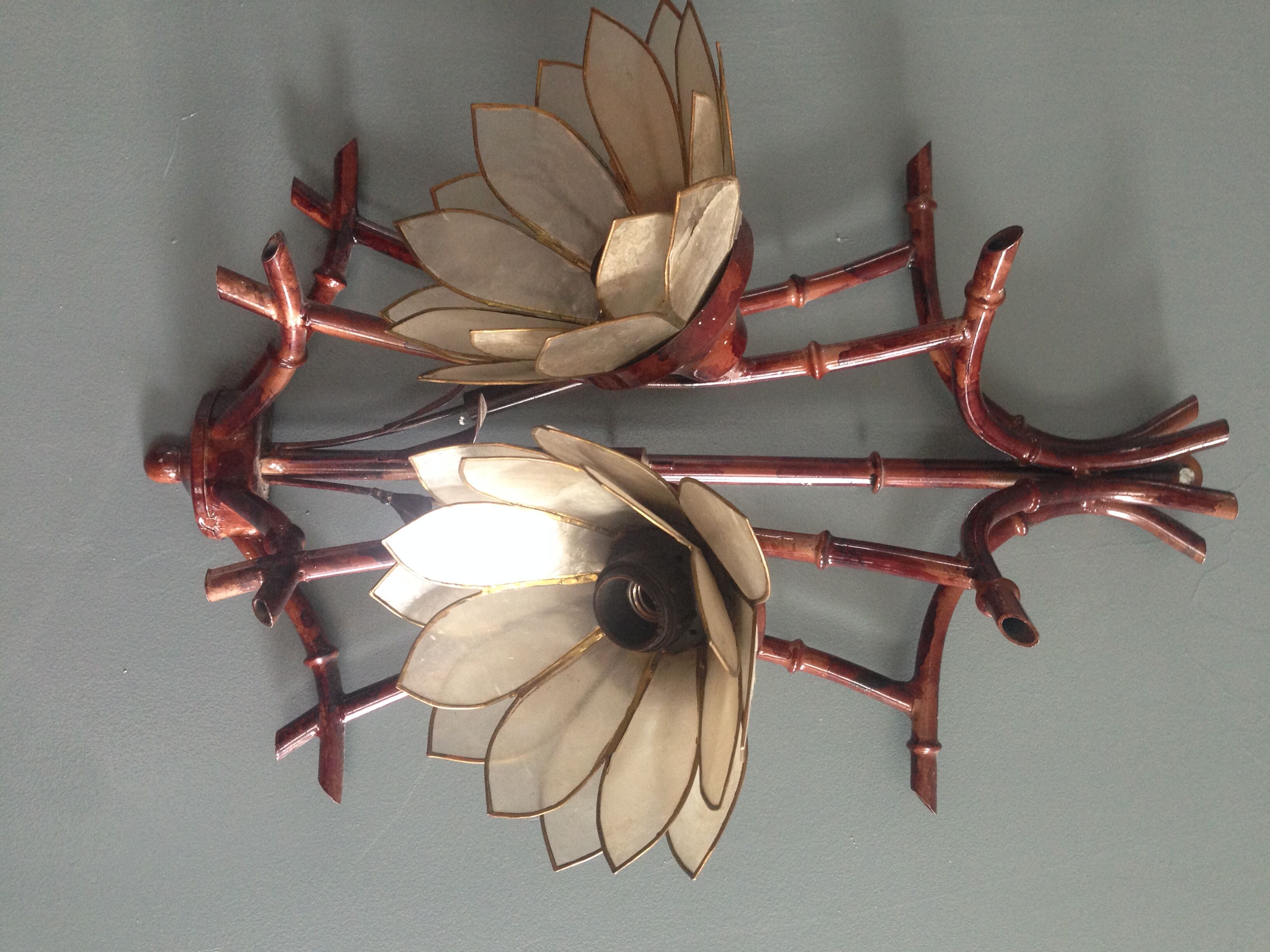 Pair of vintage appliques in metal and mother-of-Pearl