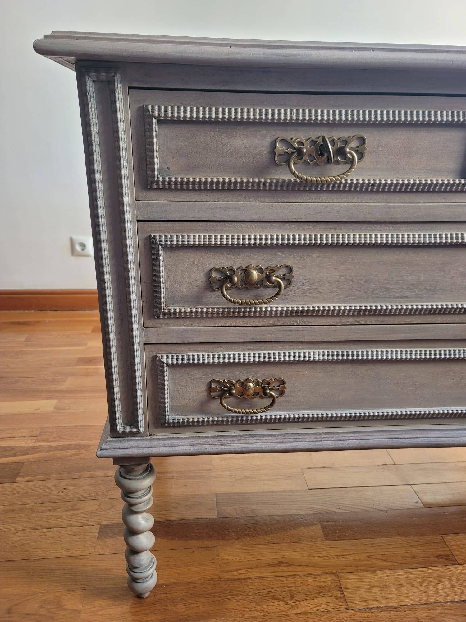 Restored antique Portuguese commode - grey patina & brass handles