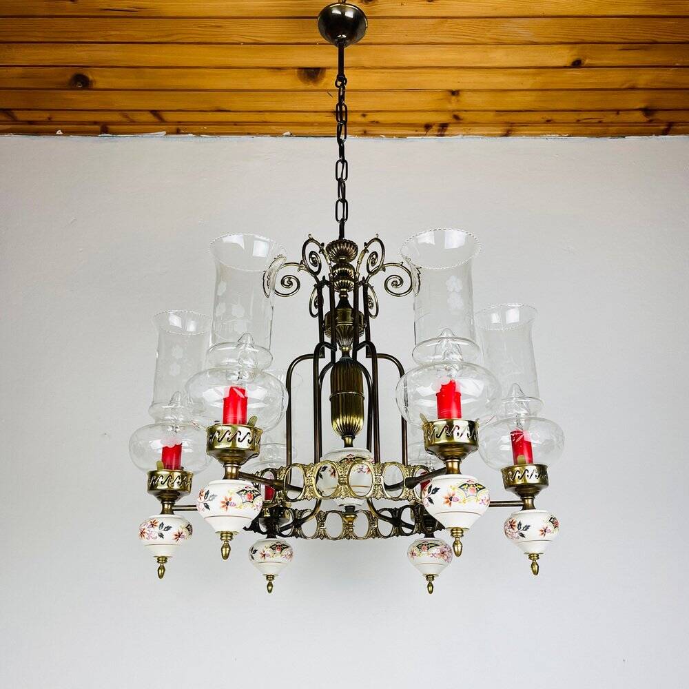 Vintage porcelain and brass chandelier, Italy, 1930s
