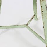 Industrial green painted stool with steel base and wooden top, France 1930s