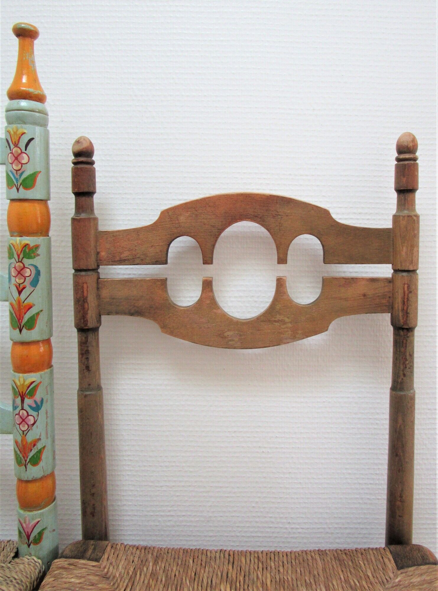 Two chairs patinated polka dots and painted wood folk art seat vintage straw