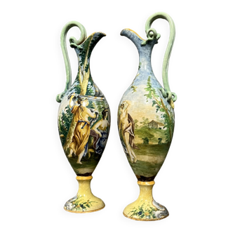 Superb pair of Italian earthenware ewers in the taste of Urbino circa 1850