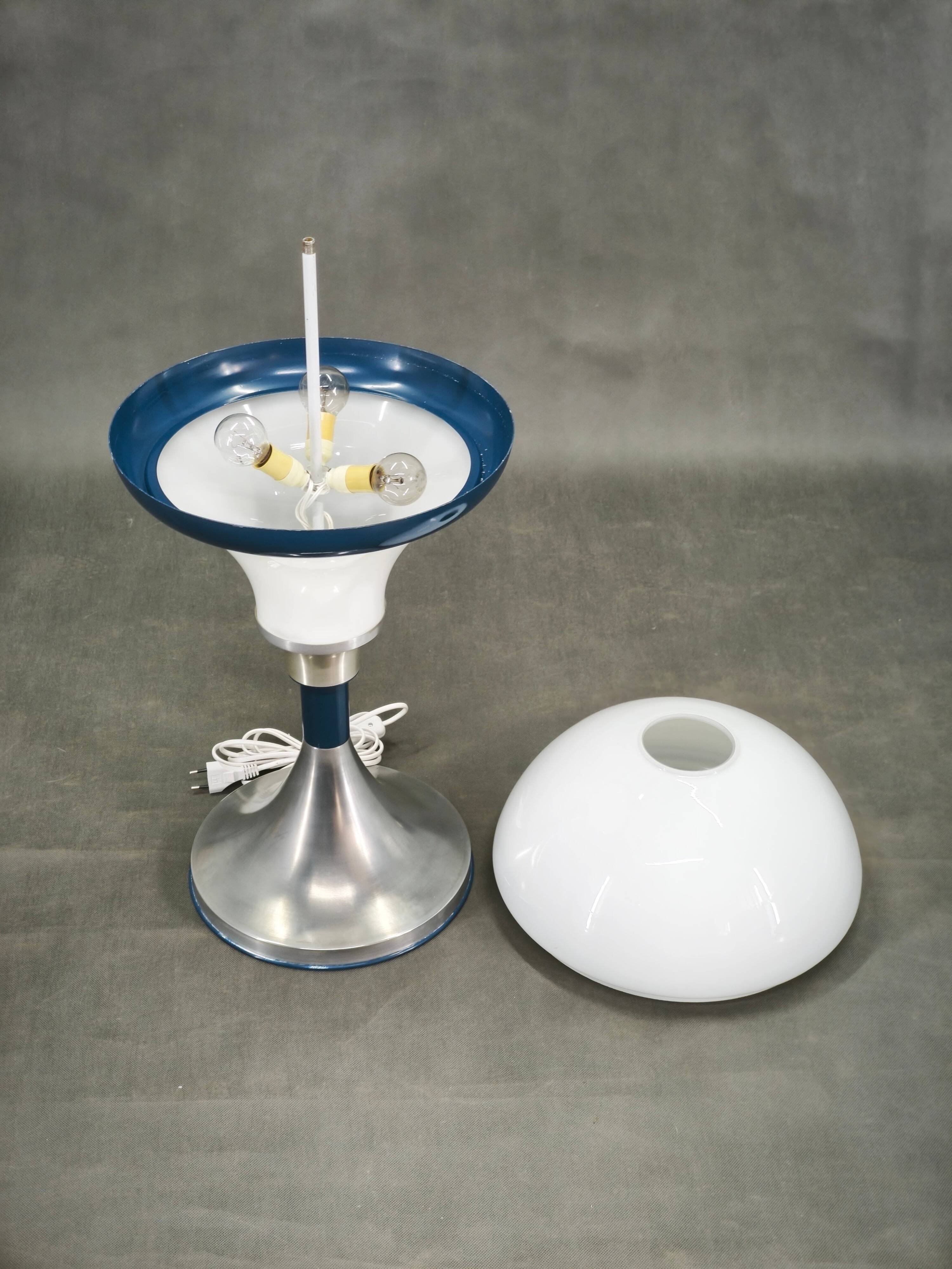 1970s Italian Space Age Opaline Glass and Blue Metal Table Lamp