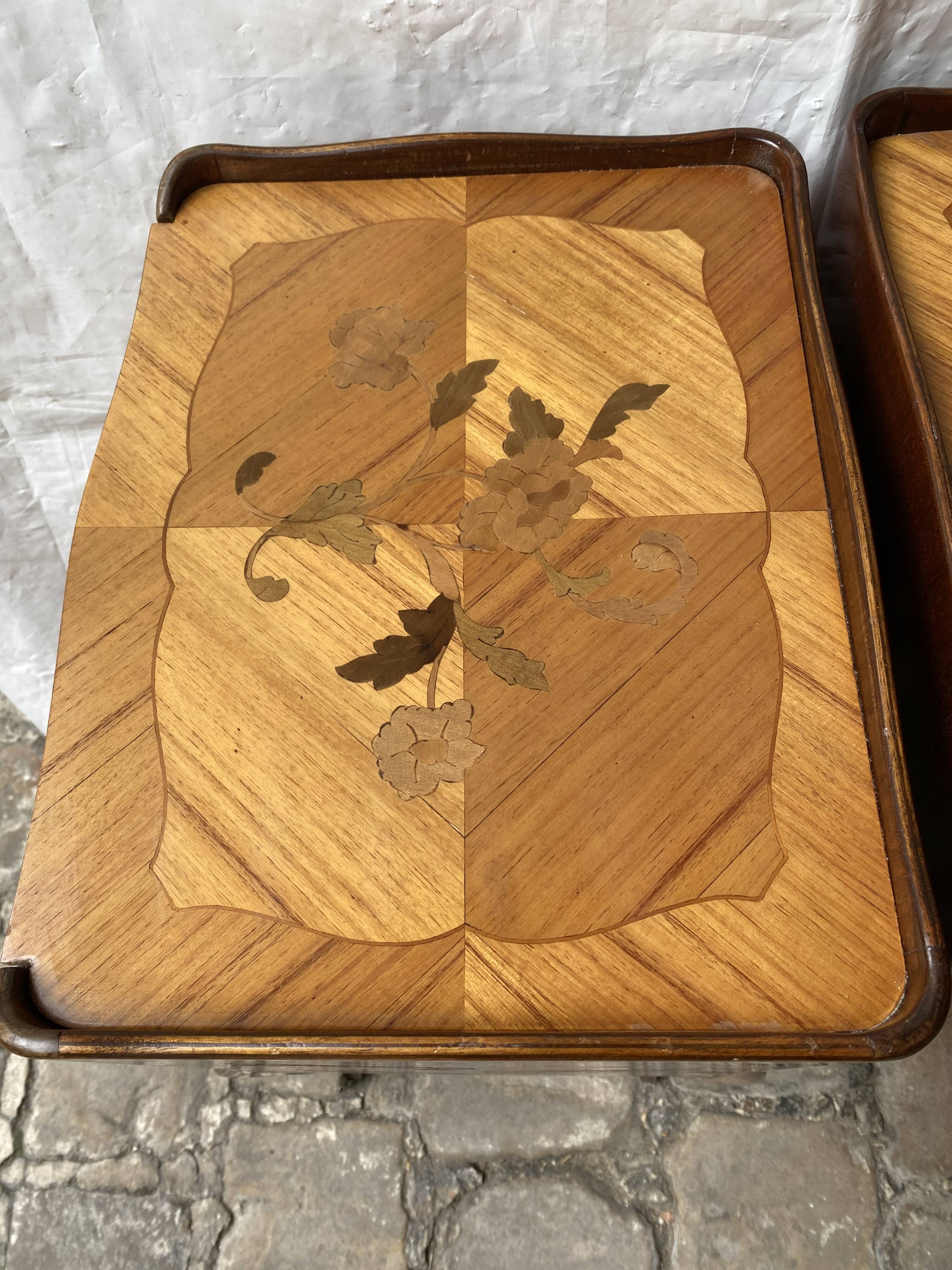 Pair of bedside tables/side tables in Louis XV style marquetry.