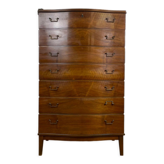 Curved face chest of drawers 7 drawers Scandinavian vintage lacquered walnut, 60s