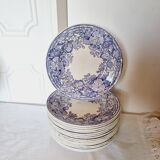 6 assiettes plates en terre de fer violette Sarreguemines U&C modèle géranium, XIXème siècle