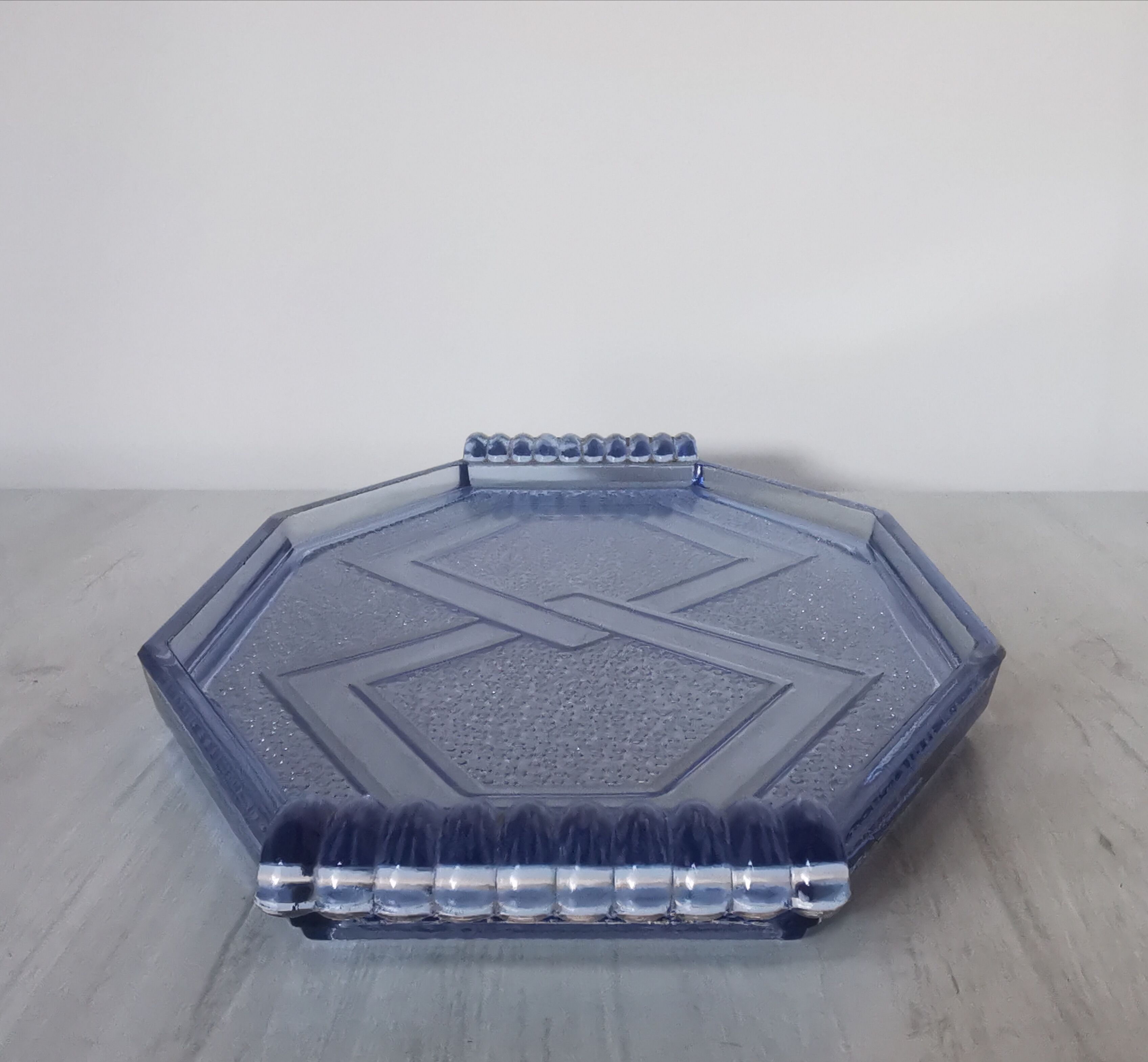 Art deco blue pressed glass tray