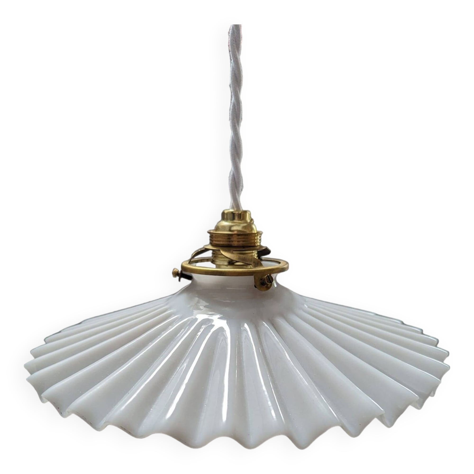 Old hanging lamp in white pleated/draped opaline Art Deco 1930 Ø 24.5 cm