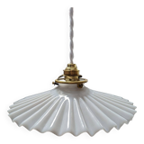 Ancienne suspension baladeuse en opaline plissée/drapée blanche Art déco 1930 Ø 24.5 cm