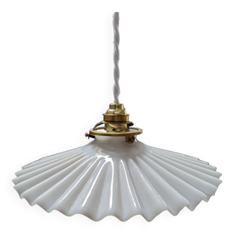 Ancienne suspension baladeuse en opaline plissée/drapée blanche Art déco 1930 Ø 24.5 cm