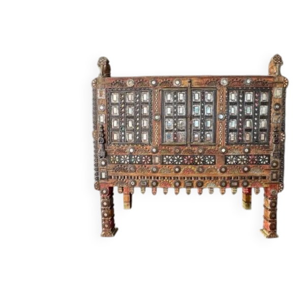 Ancien meuble de mariage du Rajasthan en bois sculpté, incrustations d