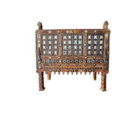 Antique wedding furniture from Rajasthan in carved wood, with inlays.