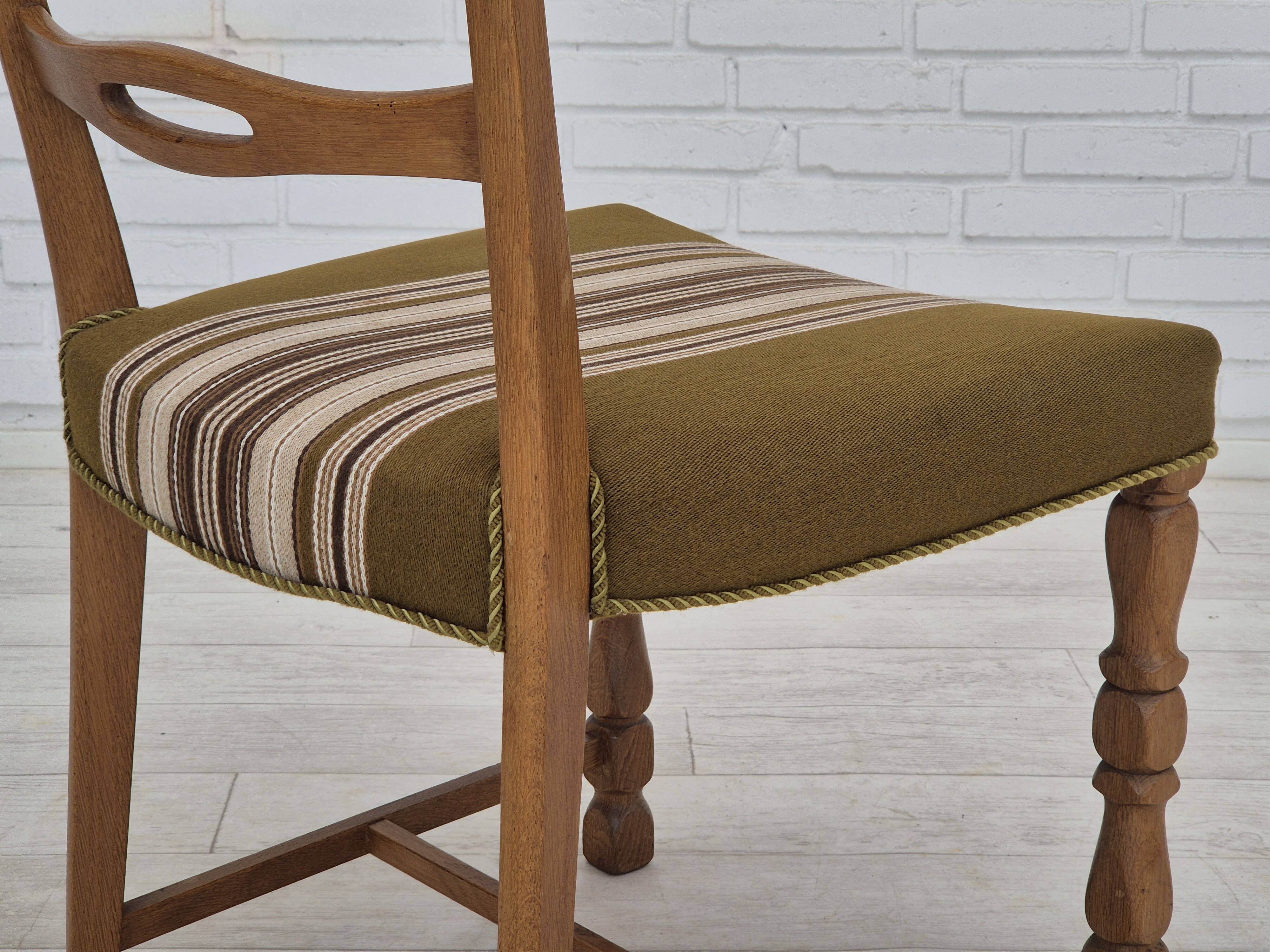 1970s, set of 4 Danish dining chairs in oak wood, green furniture wool.