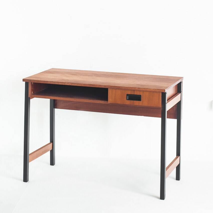 Vintage one-drawer desk. Mahogany veneer and solid beech. France, 1960s