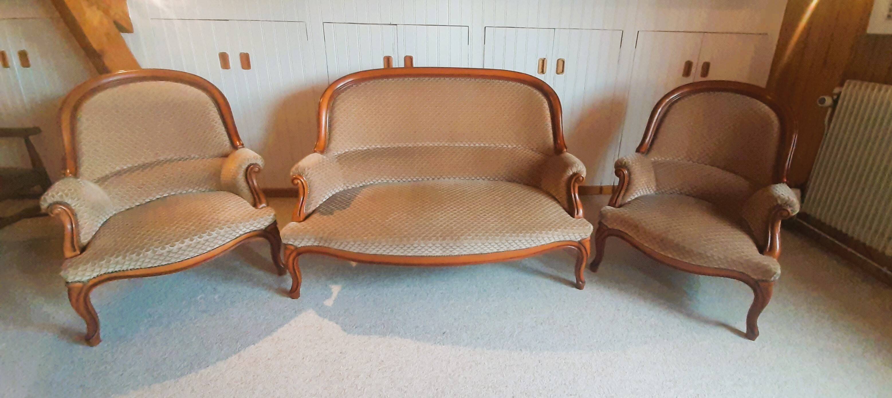 2-seater Louis XV style sofa - arched legs - Art Deco patterned velvet fabric - Beige