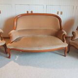 2-seater Louis XV style sofa - arched legs - Art Deco patterned velvet fabric - Beige