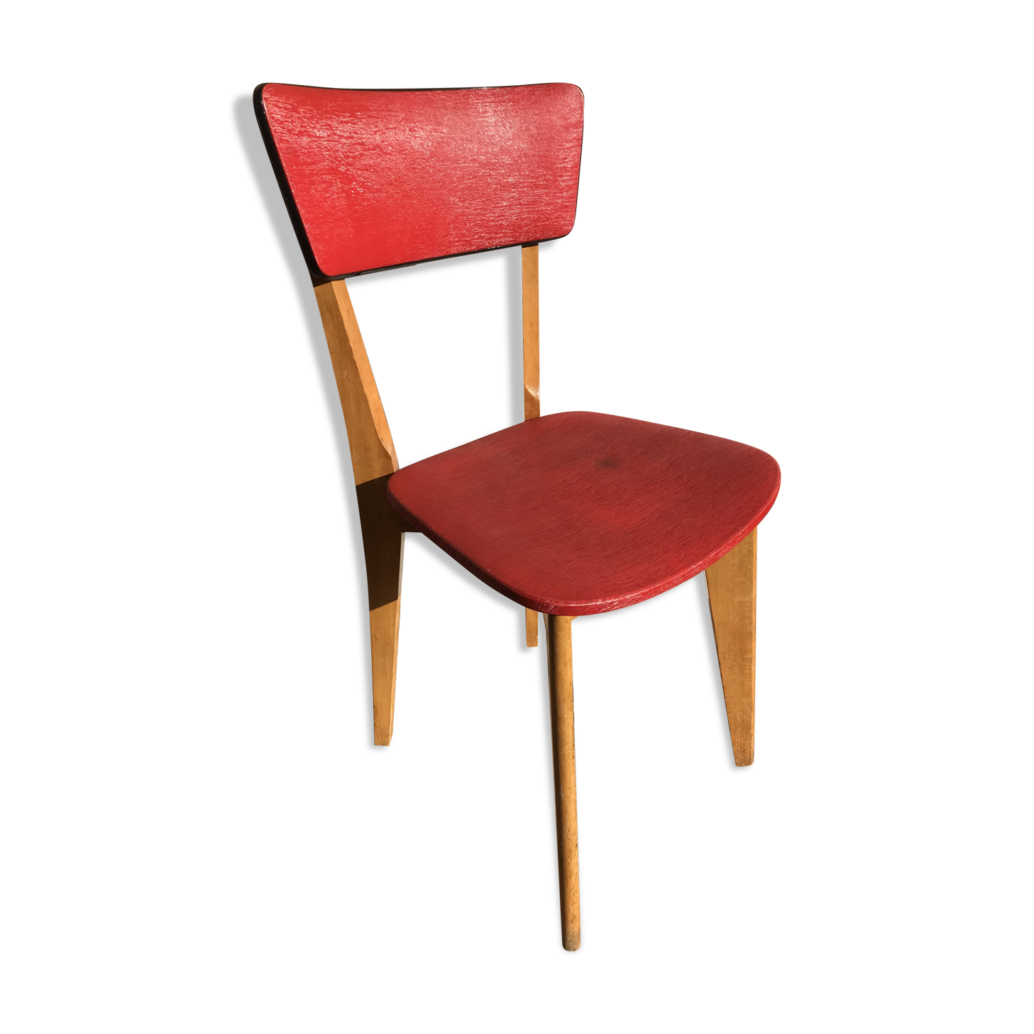 Old wood & vinyl red 60s vintage scandinavian chair