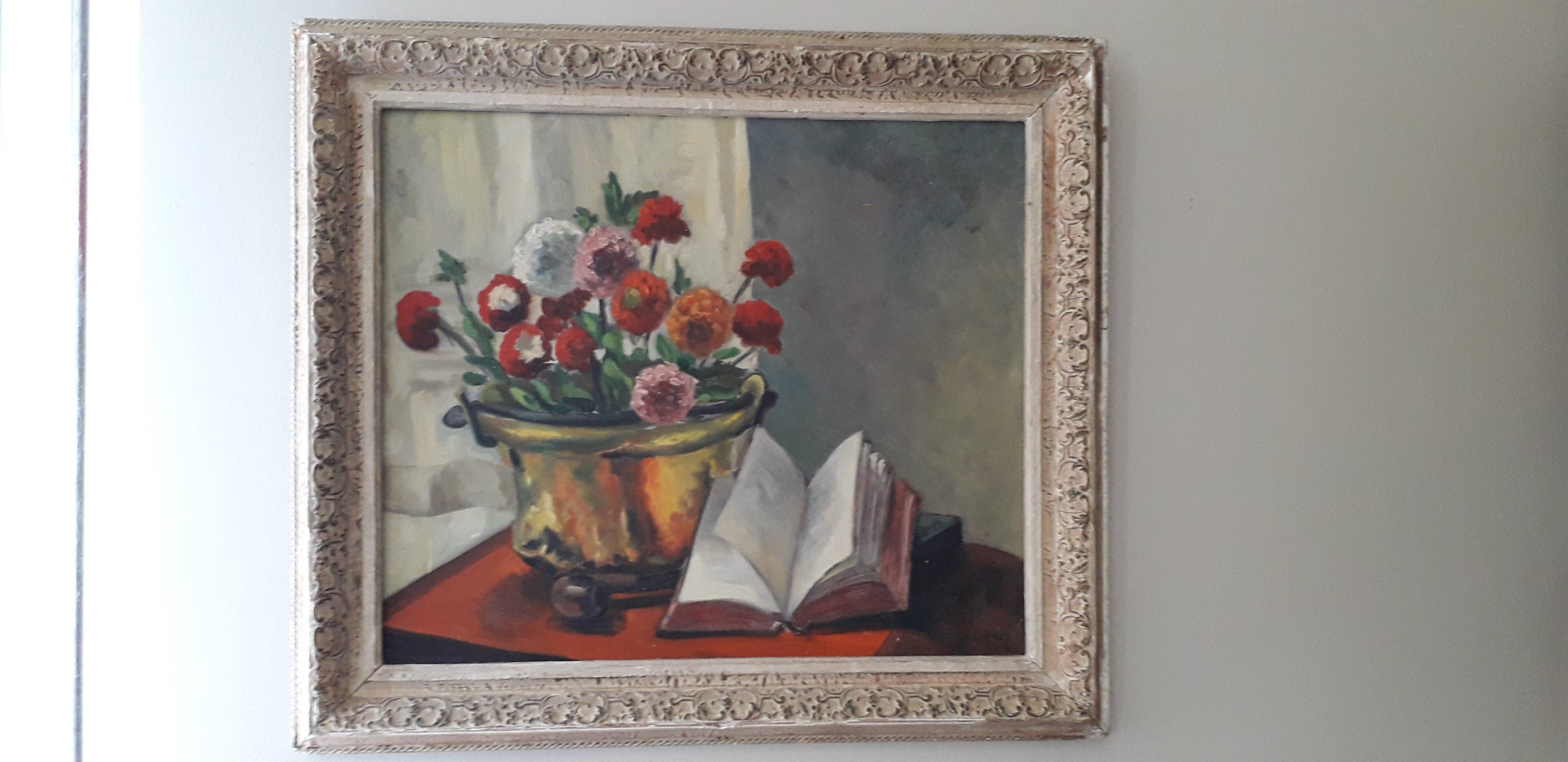 Antique oil painting depicting a still life
