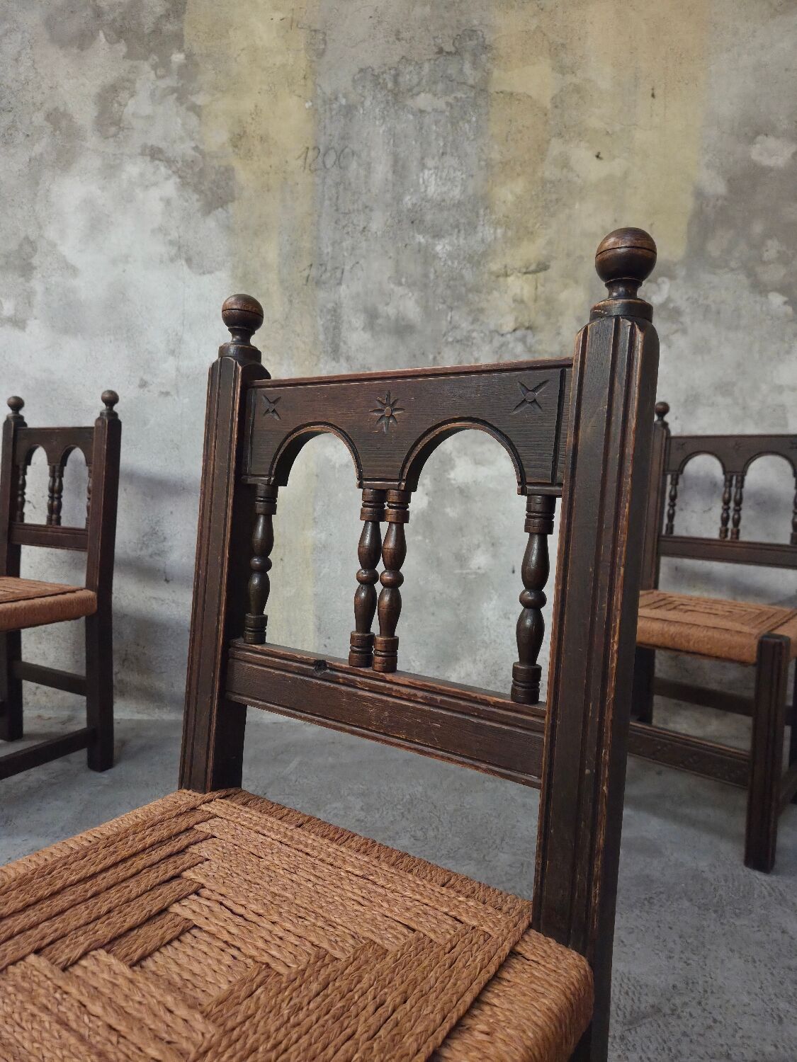4 wooden and corded Basque chairs
