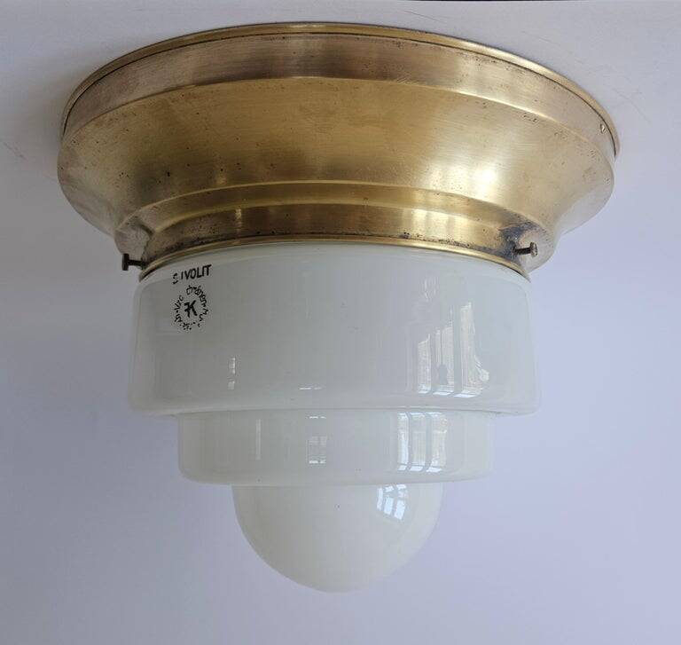 Plafonnier en Laiton et Verre Opale Franta Anyz, années 1930