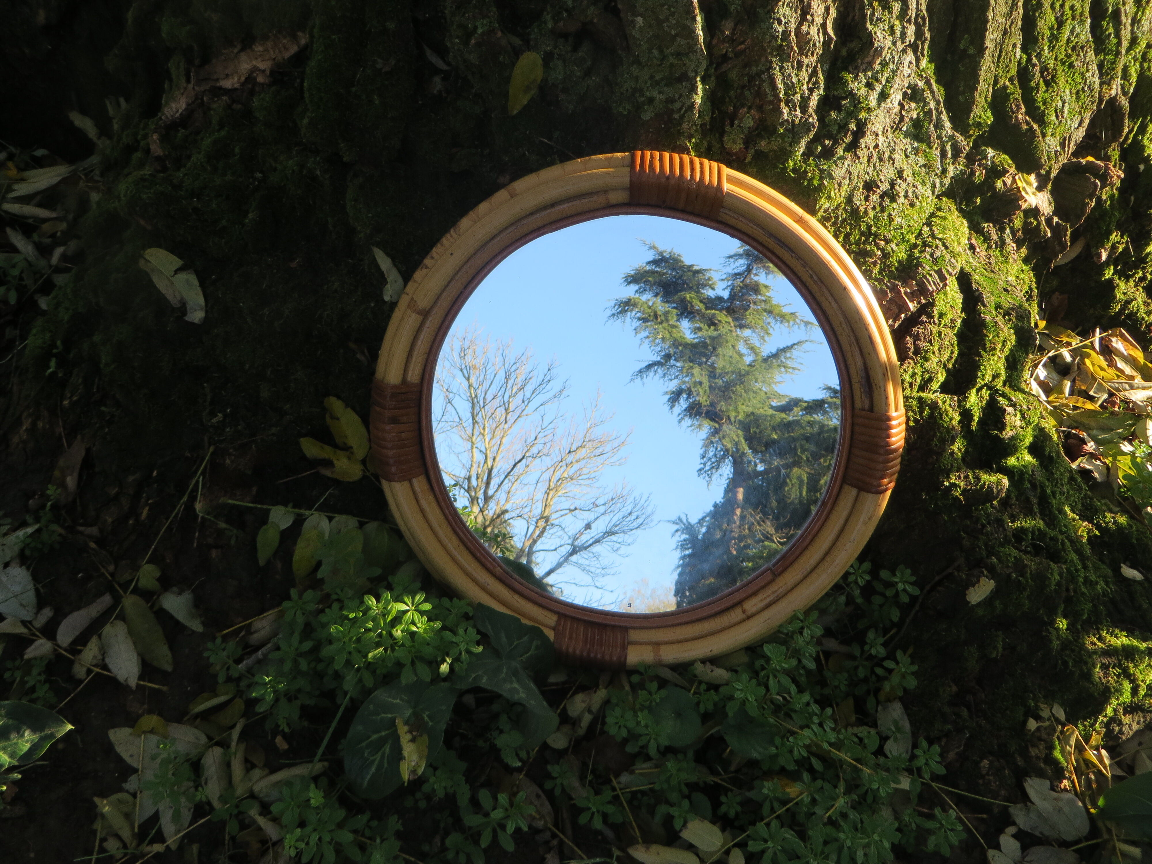 Vintage rattan round mirror 38cm