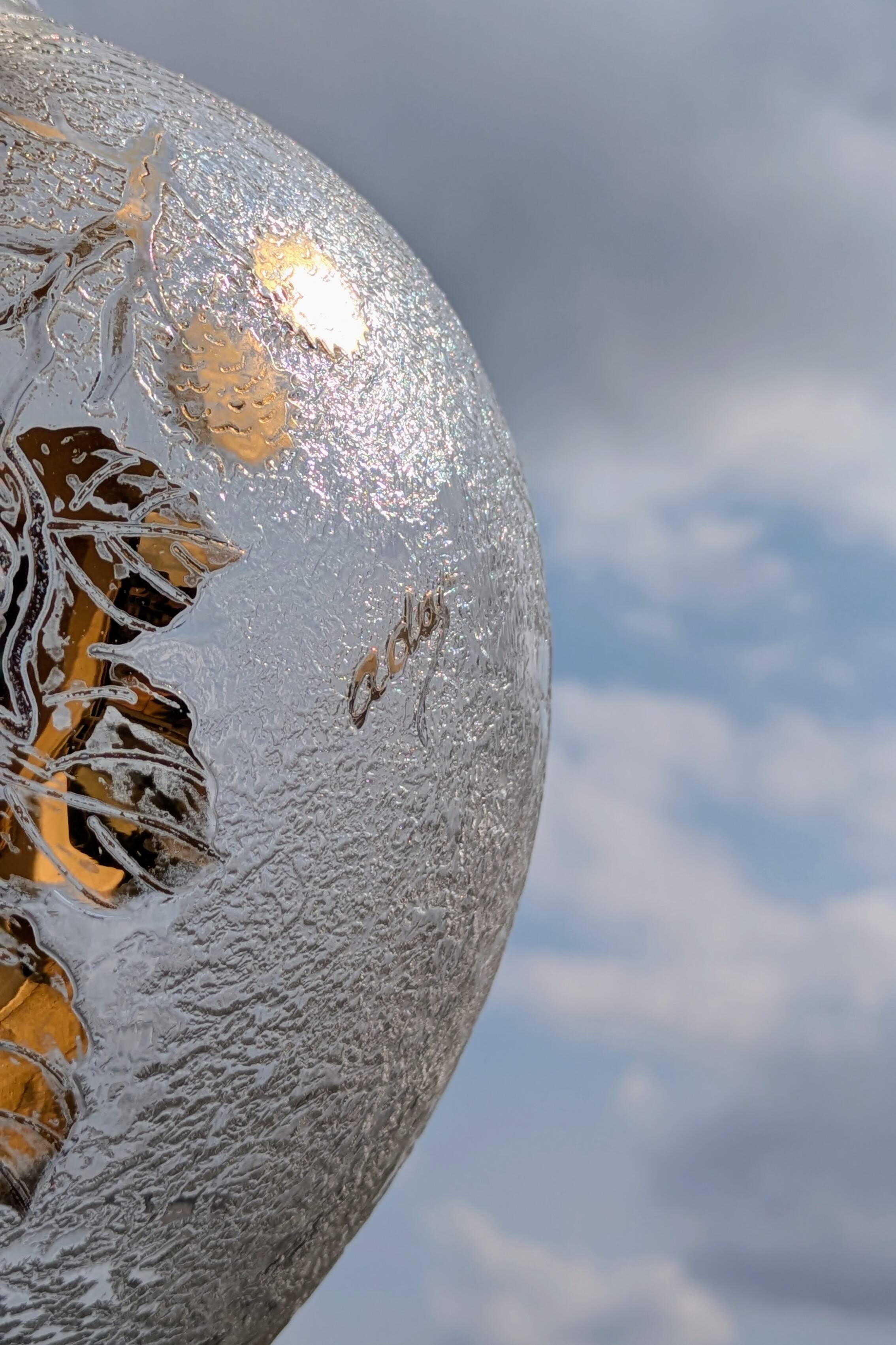 Frosted Glass Ball Vase with Golden Botanical Decoration — Signed Adat — Circa 1950