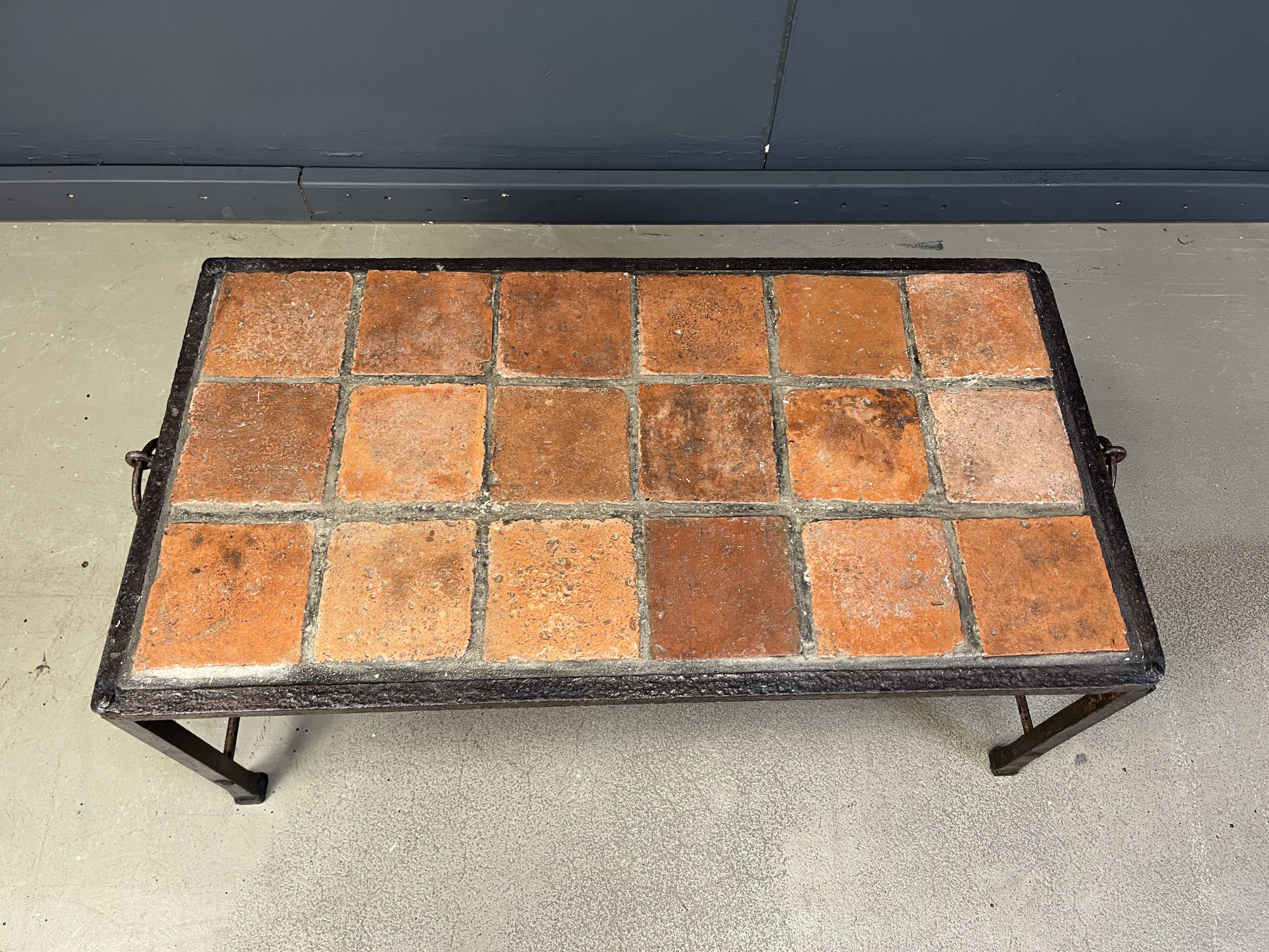 Spanish iron and ceramic tile coffee table, 1950s