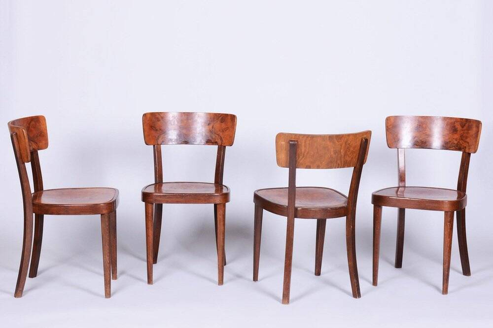 Art Deco Czech Chairs in Beech and Walnut from Thonet, 1940s, Set of 4