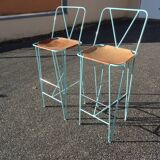 Pair of high bar stools leather and turquoise metal bar stools