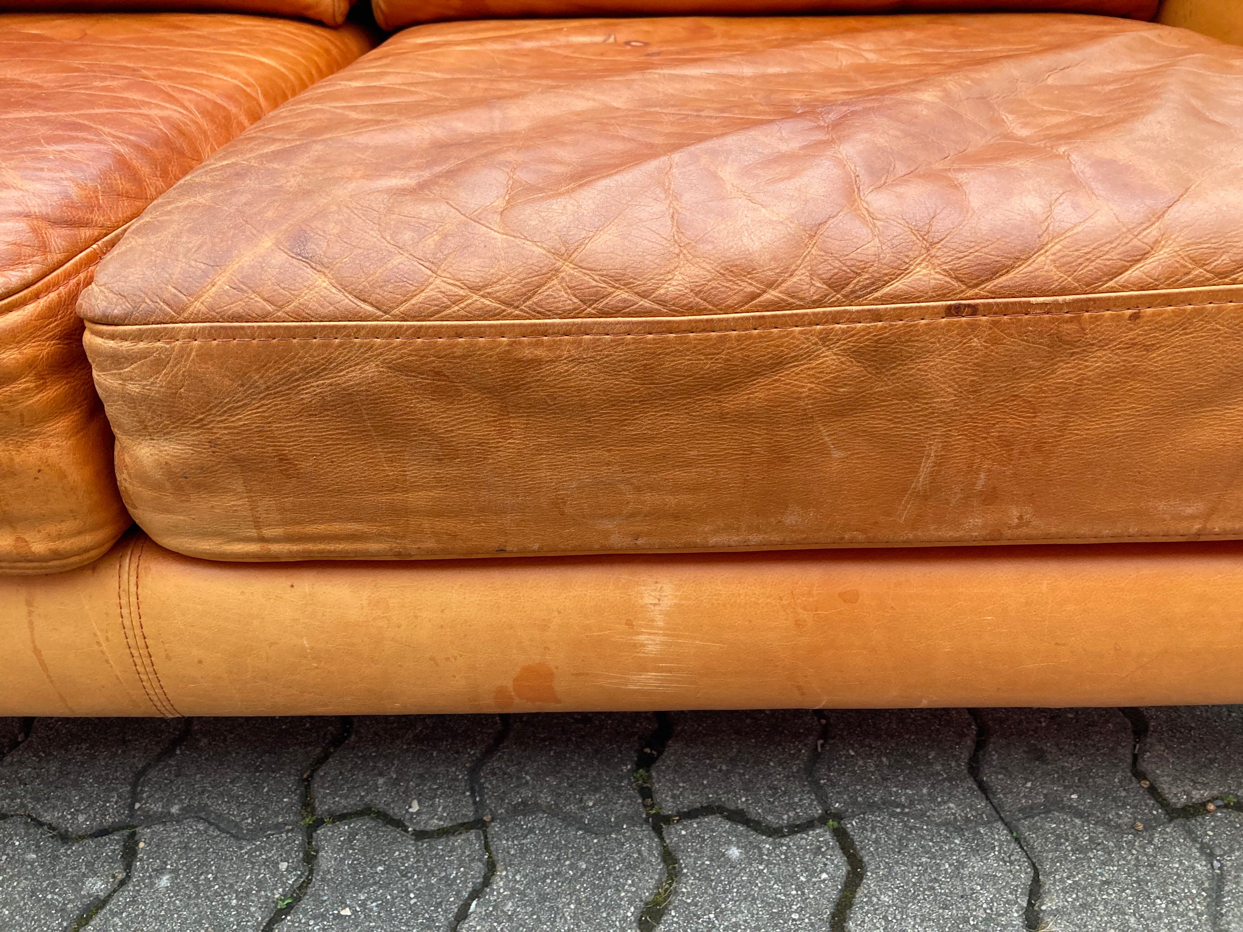 Danish Modern Mid Century Vintage Cognac Leather Sofa