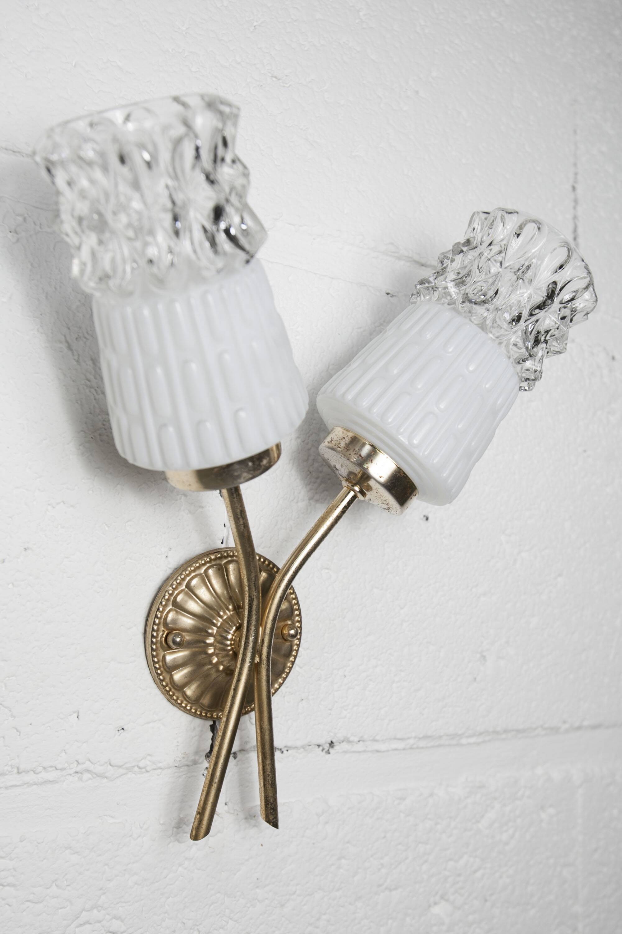 Pair of brass and glass wall lights 1960