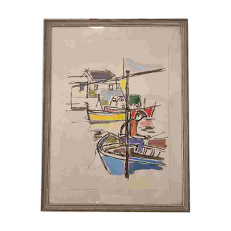 1950s Expressionist watercolor painting of boats, harbor, sea, fishing