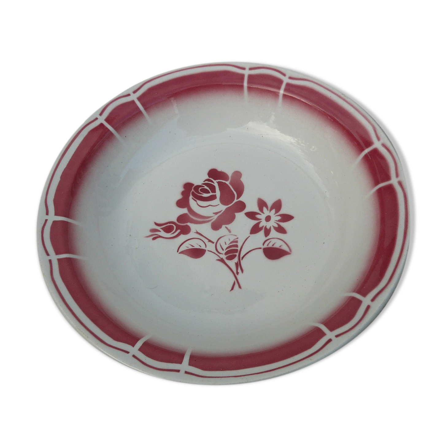 Plat creux de service vintage Badonviller art déco fleurs rouge