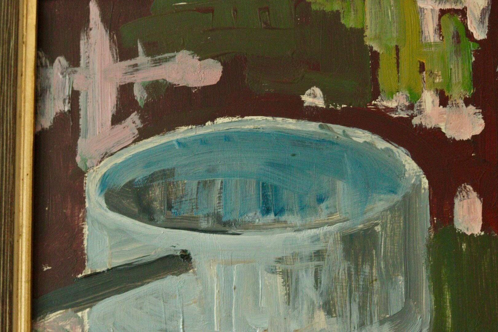Nature morte suédoise à l'huile sur panneau avec fer et pot par Hugo Nyman