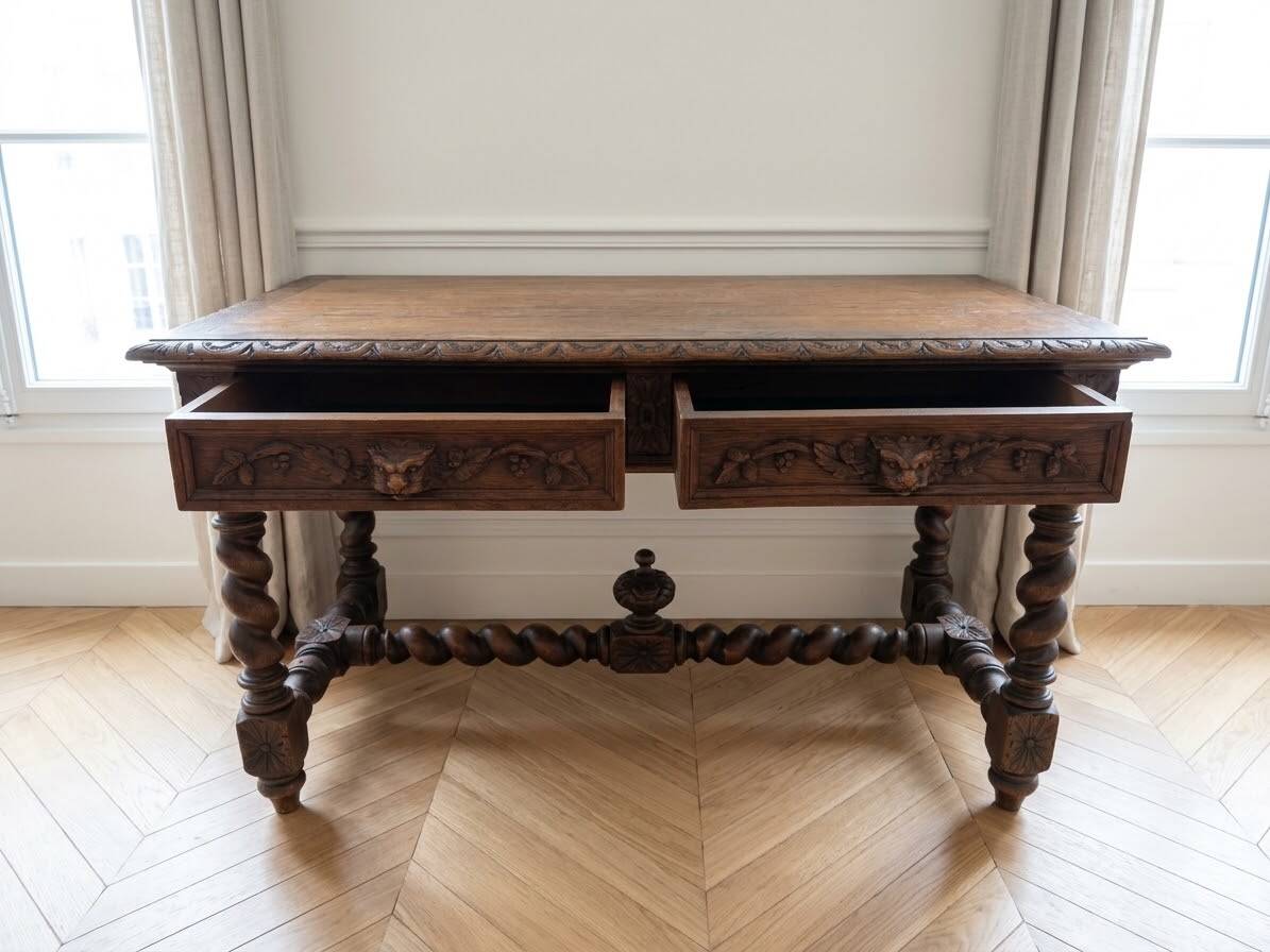 Antique solid wood carved desk in Louis XIII style.