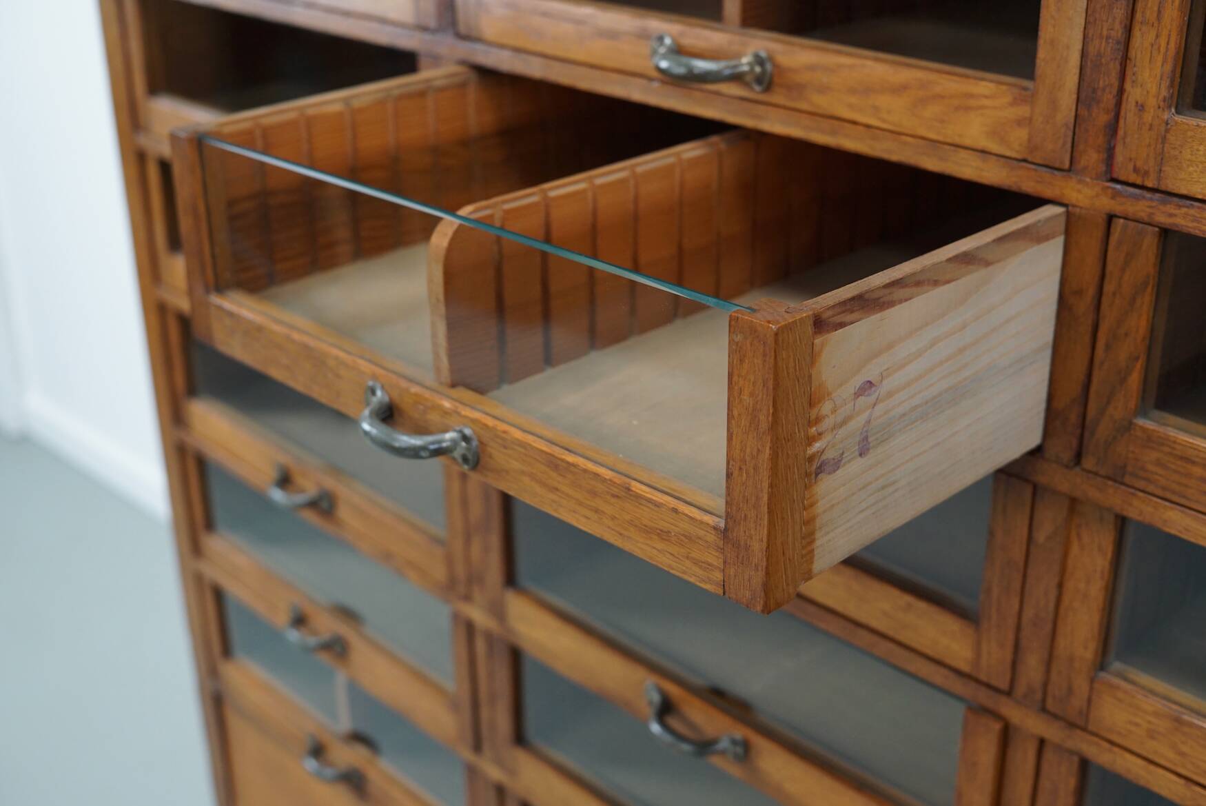 Large vintage German oak haberdashery shop cabinet, 1940s