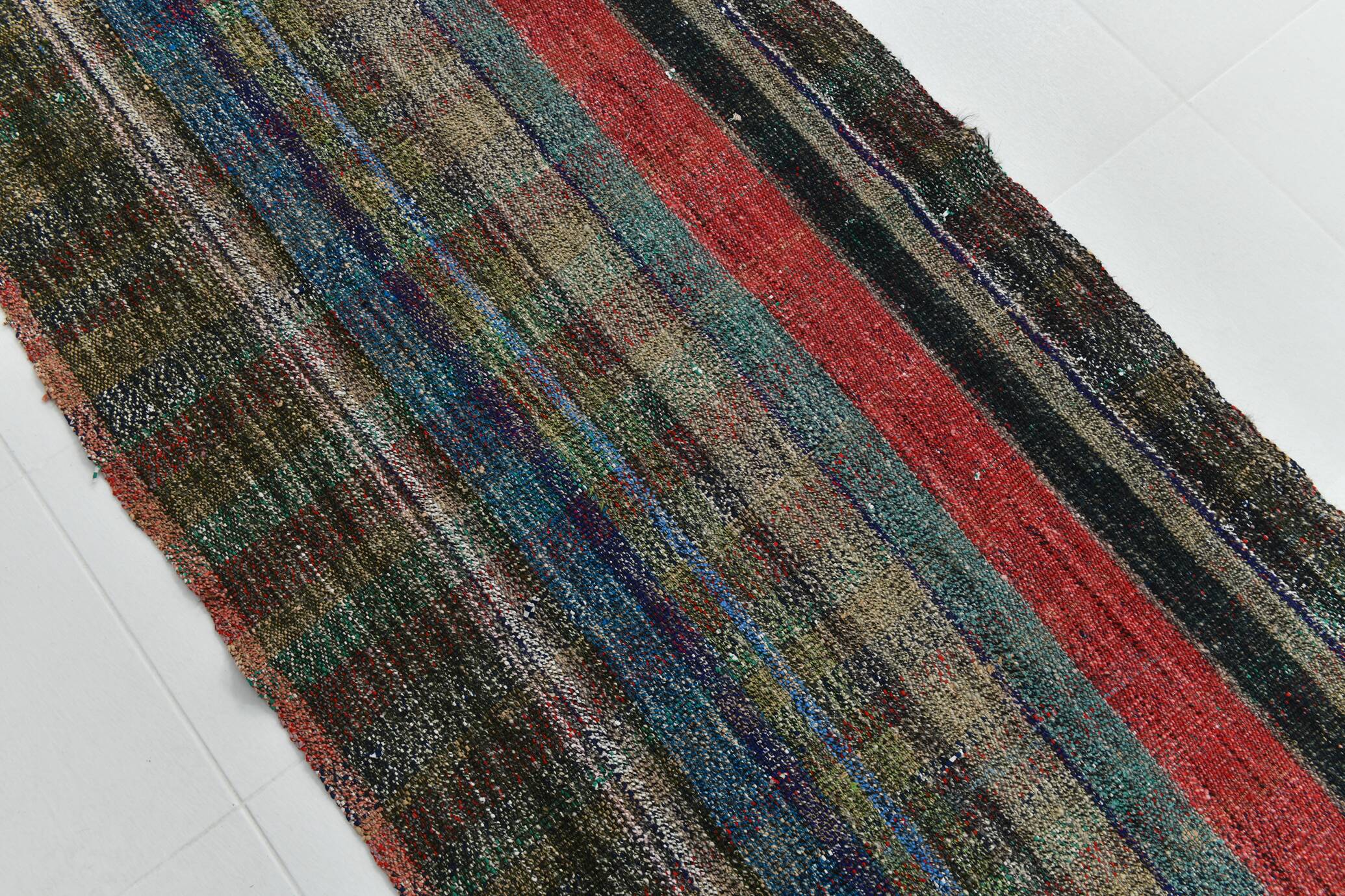 Kilim Red Brown Striped Pattern Vintage Kilim Rug, 93x232Cm