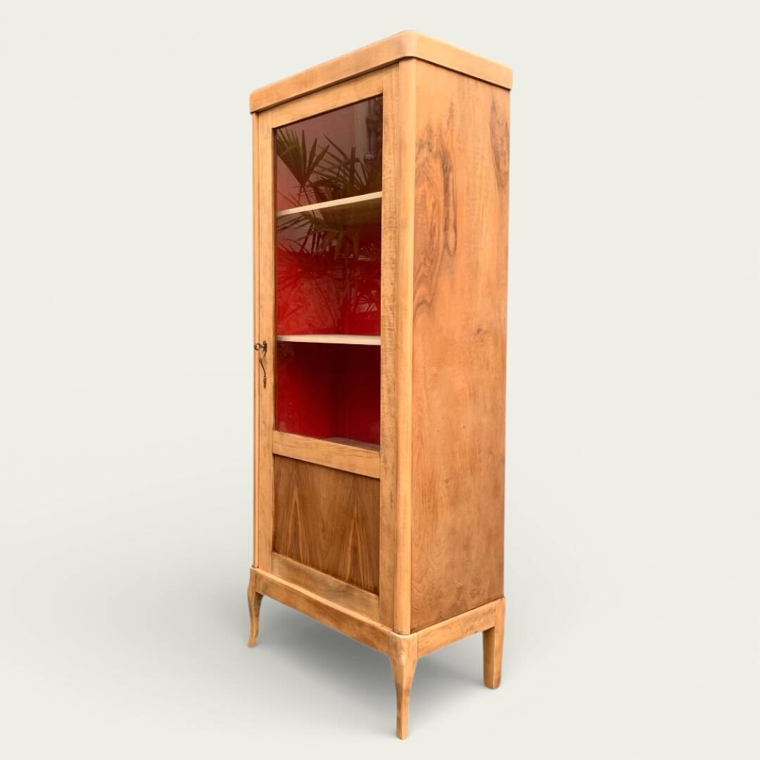 Vintage glass-fronted cabinet, raw wood, 1950s