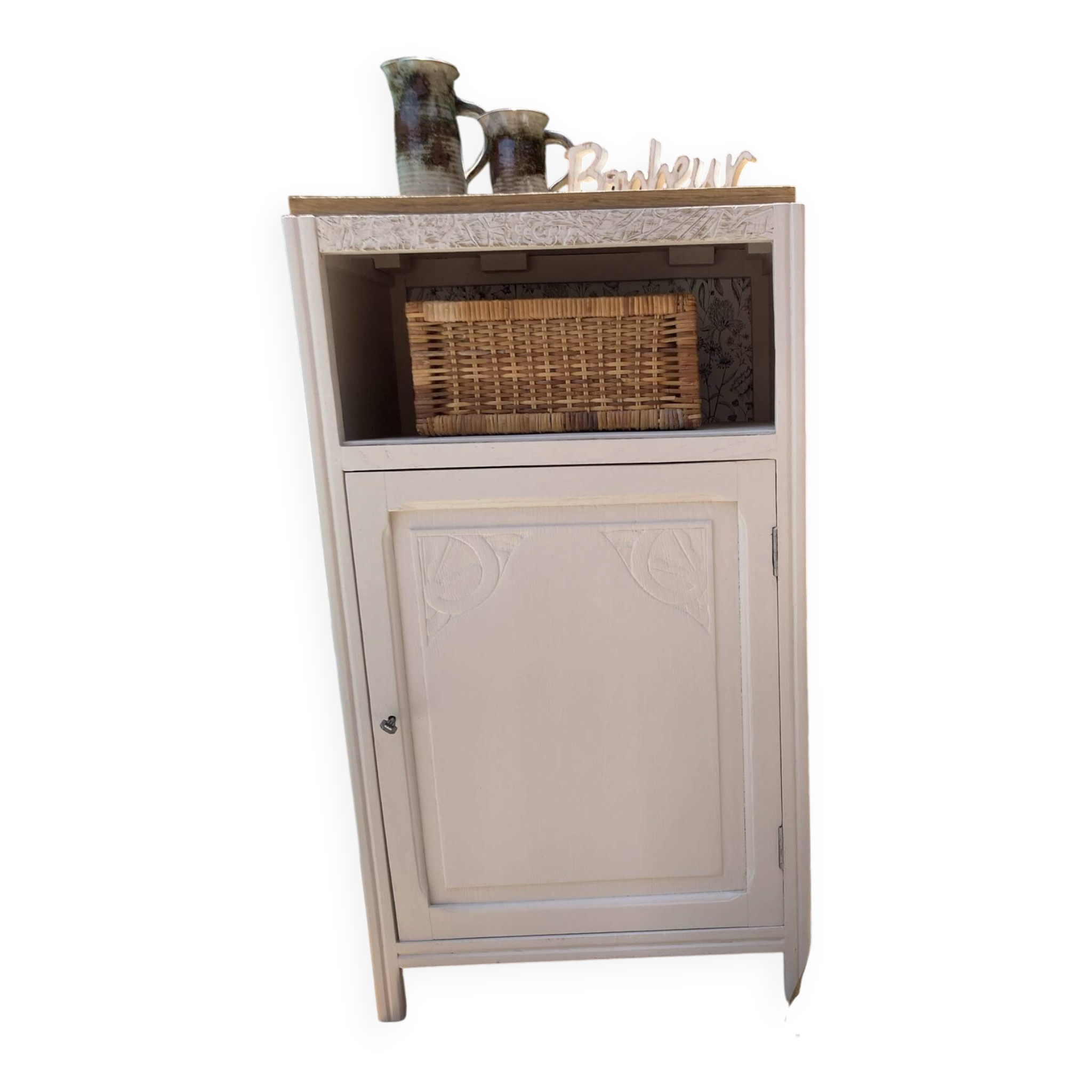 Beautiful art deco jam cupboard in delicate beige tone / and wicker basket