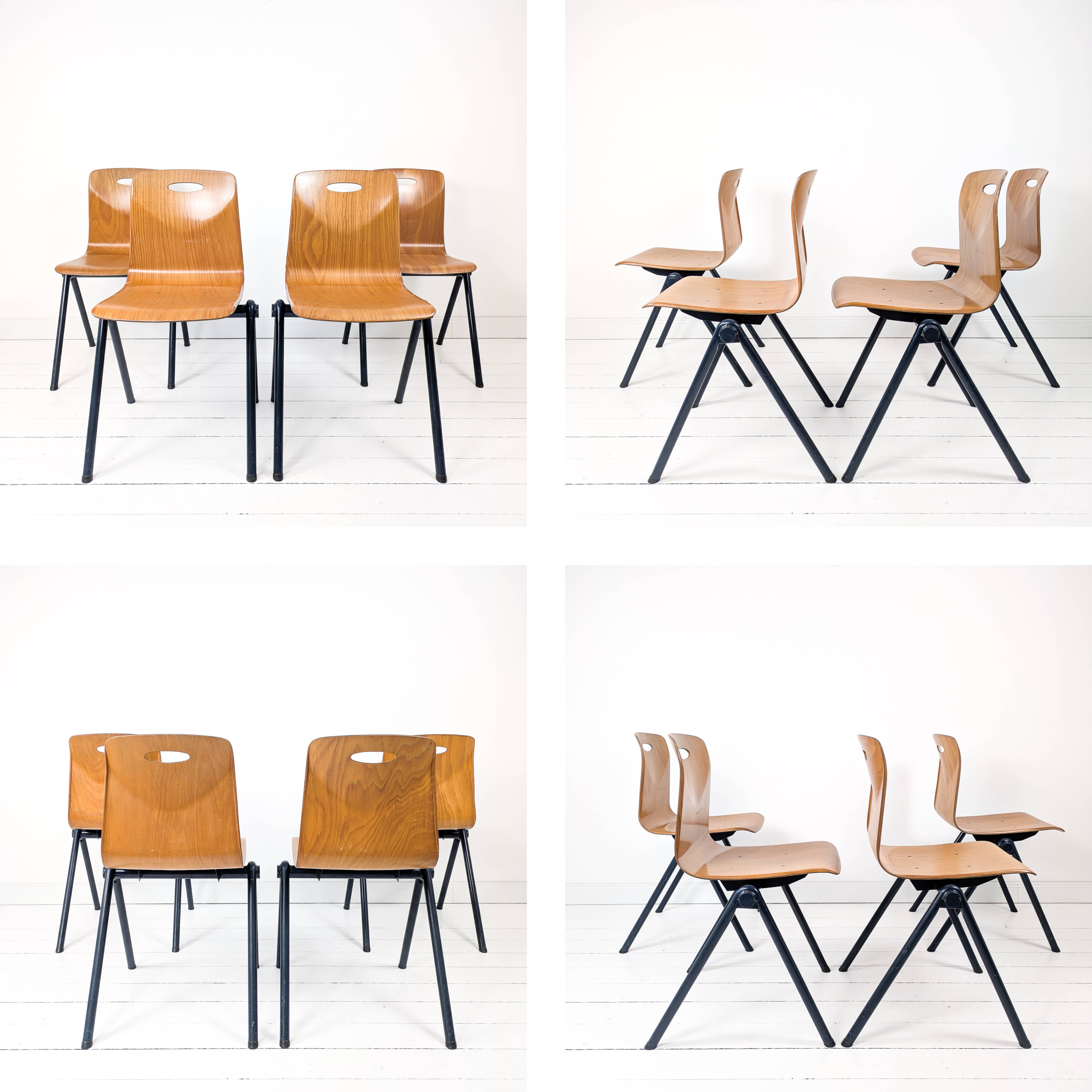 Lot de 4 chaises empilables vintage métal bois, style industriel Mid-Century