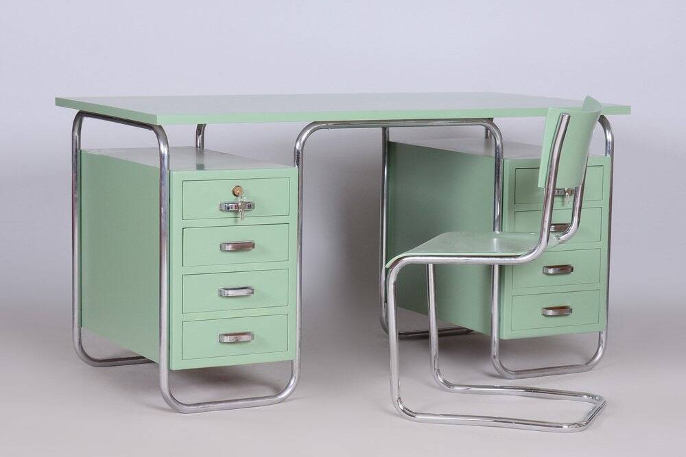 Bauhaus Writing Desk and Chair in Chrome-Plated Steel from Thonet, Czechia, 1930s, Set of 2