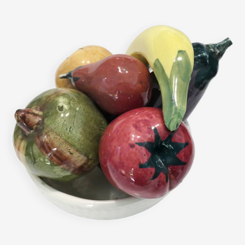 Coupe de fruits et légumes céramique trompe l'oeil mid-century