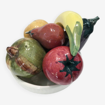 Mid-century trompe l'oeil ceramic fruit and vegetable bowl