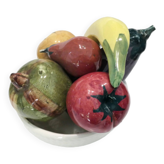 Mid-century trompe l'oeil ceramic fruit and vegetable bowl